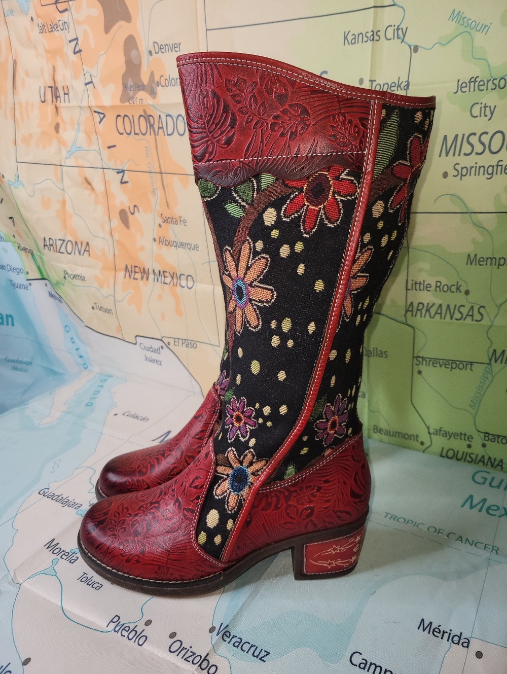 Socofy Embroidered Floral Tall Leather Boots - Red Size 39